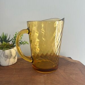 Vintage 50s Hazel Atlas Amber Gold Glass Optic Swirl Beverage Pitcher Jug